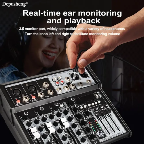 Miniatura 5 de Depusheng Mezclador de Audio Profesional, Sistema de Consola de Mezcla de Tablero de Sonido de Interfaz de Audio de 4 Canales, Mezclador DJ