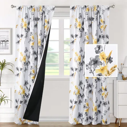 Miniatura 27 de H.VERSAILTEX Cenefas de cortina 100% opacas para ventanas de cocina, juego de 2 paneles de Cattleya con estampado floral Leah con aislamiento
