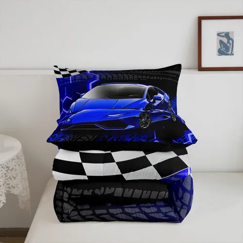 Miniatura 6 de Feelyou Juego de ropa de cama de coche de carreras para niños y niñas, tamaño individual, juego de edredón deportivo de velocidad para adolescentes