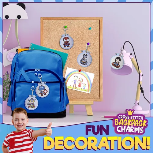 Miniatura 3 de 5 proyectos para principiantes de punto de cruz de superhéroe estampado para niños, kit de iniciación de punto de aguja, juego de costura para dijes