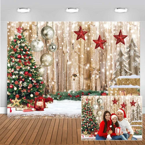 Miniatura 10 de CHAIYA Telón de fondo de Navidad de 5 x 7 pies, telón de fondo de madera para invierno, nieve, árbol de Navidad, regalo de Navidad, fiesta familiar