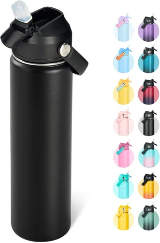 Miniatura 31 de Fijinhom Botella de agua aislada de acero inoxidable de 18 oz, de boca ancha, de doble pared, con vacío, con pajita de silicona, a prueba de sudor