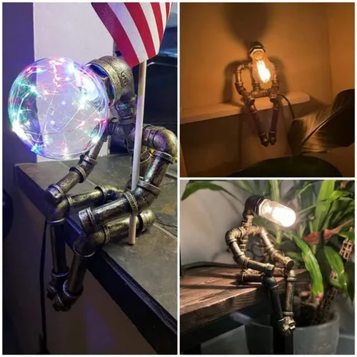 Miniatura 4 de Lámpara de mesa Steampunk, lámpara de escritorio retro industrial de bronce con 2 bombillas Edison regalo creativo