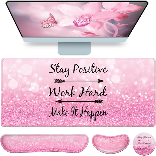 Alfombrilla de ratón rosa, alfombrilla de mouse con soporte de muñeca, juego de 4 en 1: alfombrilla grande+soporte de muñeca para teclado+soporte de