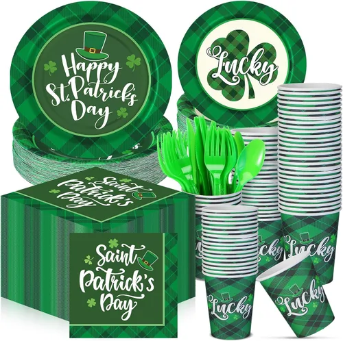Miniatura 9 de 210 piezas de suministros para fiesta del Día de San Patricio, platos, servilletas, vasos, trébol irlandés, fiesta, desechables, platos de postre
