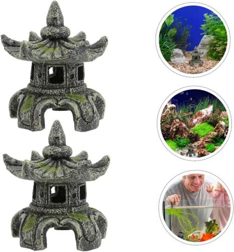 Miniatura 9 de Yardwe Resina artesanal pecera estatua de pabellón de peces escondido de peces adornos 2 piezas decoración fácil lavado seguro acuario decoración