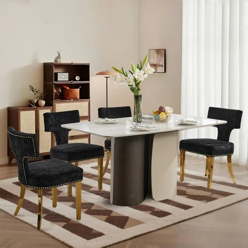 Miniatura 15 de SoarFlash Juego de 2 sillas de comedor modernas de madera, silla tapizada de tela de lino de granja, respaldo curvado con clavos de cobre alrededor