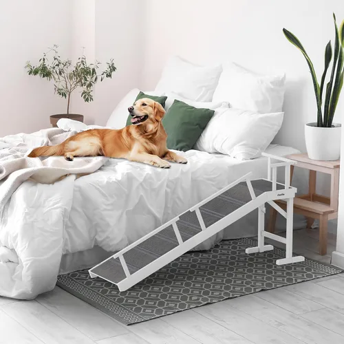Miniatura 8 de Onelike Rampa de madera para perros con riel lateral extraíble y alfombra antideslizante, escalera estable para mascotas para sofá para perros