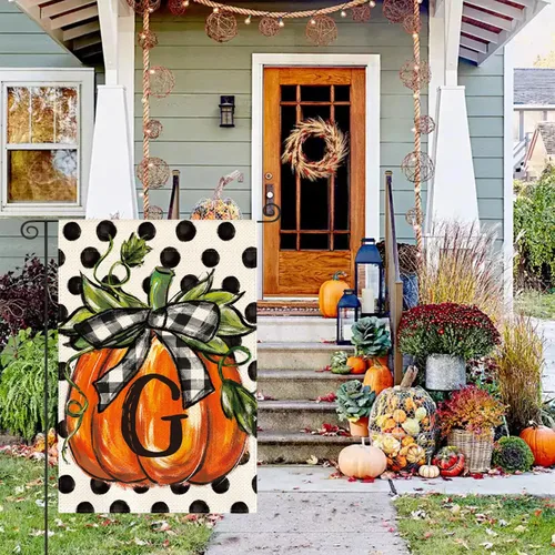 Miniatura 7 de AVOIN colorlife Bandera de jardín con monograma de otoño con letra G, diseño de calabaza, de 12 x 18 pulgadas, doble cara exterior, pequeña