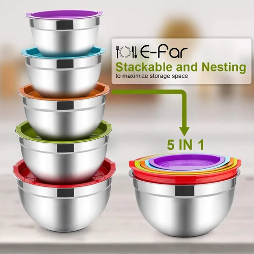 Miniatura 7 de E-far Juego de 5 tazones para mezclar con tapas, cuencos de acero inoxidable con tapas herméticas, no tóxicos y aptos para lavavajillas, ideales
