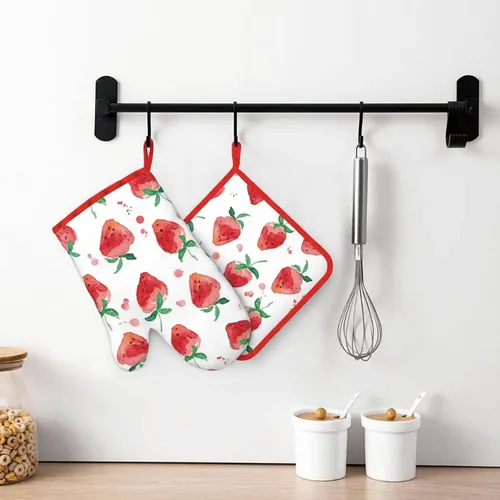 Miniatura 3 de Manoplas de horno de fresa, juegos de soportes para ollas de fresa, almohadillas calientes resistentes a la cocina con guantes de barbacoa