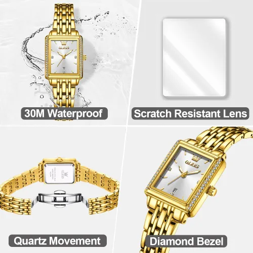Miniatura 5 de OLEVS Reloj de mujer de oro de acero inoxidable, reloj de cara cuadrada pequeña con decoración de diamantes, reloj de vestir de cuarzo analógico