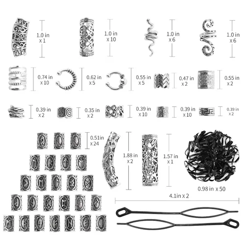 Miniatura 7 de 152 piezas de joyería de cabello vikingo con cuentas de runas nórdicas en tubo, clips de metal, puños, anillos, accesorios para trenzas, cuentas