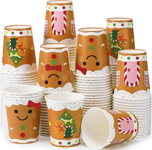 Miniatura 13 de Funtery 100 piezas de vasos de papel de Navidad, vasos de café desechables de Navidad con copos de nieve, muñeco de nieve, alce, luces, 9 onzas