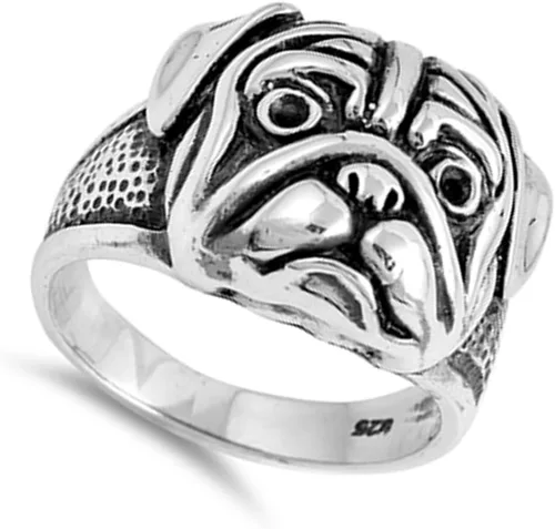 Miniatura 2 de Pit Bull Dog Pug Head Animal Face Anillo Nueva Banda De Plata De Ley 925. Tamaños 712