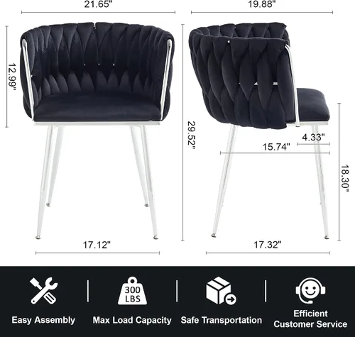 Miniatura 3 de Juego de 2 sillas de comedor de terciopelo, sillas laterales tapizadas tejidas con patas de metal plateado, Sillas de Comedor 2, sillas decorativas