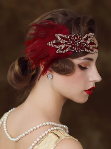 Miniatura 5 de SWEETV Diadema de plumas de los años 20, tocado Showgirl con lentejuelas de los años 20, accesorios para el cabello Gatsby para mujer, Borgoña
