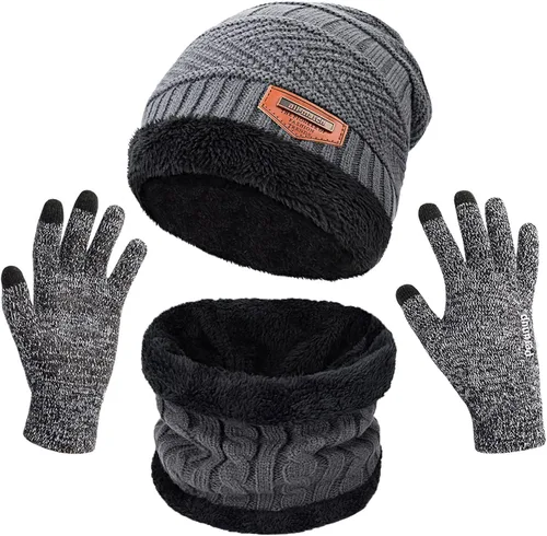 MAYLISACC Gorro de punto de invierno, bufanda y guantes para pantalla táctil, juego de 3 piezas con forro polar para hombres y mujeres