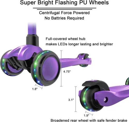 Miniatura 4 de Allek - Kick Scooter B03. Monopatín de 3 ruedas de Poliuretano iluminadas, extra anchas con sistema inclinable y deslizante (Lean 'N Glide), Morado