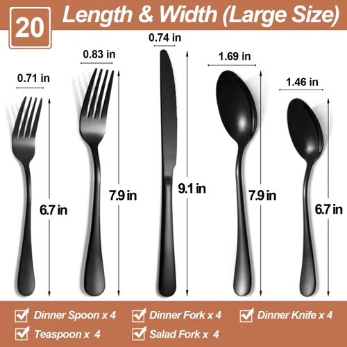 Miniatura 2 de Lazycorner - Juego de cubiertos negros de 20 piezas para 4, juego de cubiertos de acero inoxidable pulidos al espejo, tenedor, cuchillo, cuchara