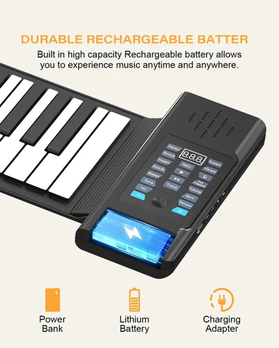 Miniatura 4 de KONIX Piano portátil recargable enrollable de 61 teclas, piano de mano mejorado con teclado flexible de silicona, salida MIDI, conexión