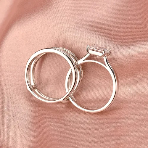 Miniatura 5 de Wuziwen Juego de anillos de novia de princesa para mujer, alianza de boda, realzadores de plata de ley con circonita cúbica, talla 4-13, Piedra