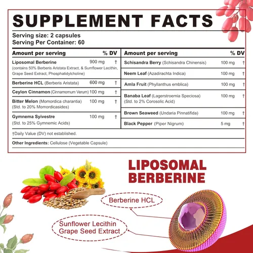 Miniatura 3 de Nextdia Paquete de 2 1500 mg de berberina liposomal HCL con melón amargo de canela de Ceilán, suplementos de complejo orgánico de berberina con hoja