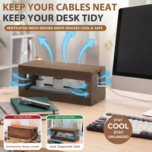 Miniatura 6 de Chunful Caja de organización de cables de 13 pulgadas, organizador de cables de madera con tapa magnética y organizador para regleta