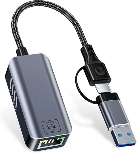 Adaptador USB C a Ethernet de 5 Gbps, USB-A y USB-C a RJ45 LAN 5000 Mbps convertidor de red con cable, adaptador USB a Ethernet compatible con