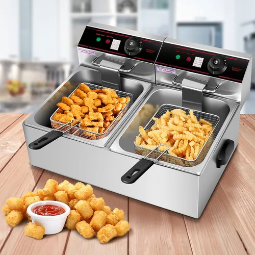 Miniatura 2 de Giantex Freidora comercial de 3400 W, tanque doble, freidora eléctrica de acero inoxidable de 12.8 cuartos de galón con 2 cestas, tapas y control