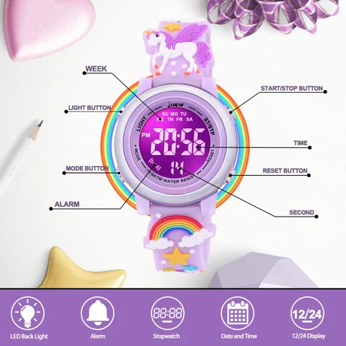Miniatura 9 de Relojes impermeables de dibujos animados 3D para niñas con alarma, los mejores regalos de juguetes para niñas de 3 a 12 años