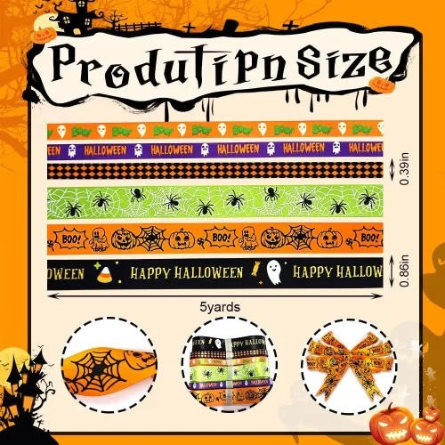 Miniatura 2 de Hying 6 cintas de calabaza de Halloween, 3/8 pulgadas de ancho de satén para manualidades en naranja y negro para envolver regalos y decoraciones