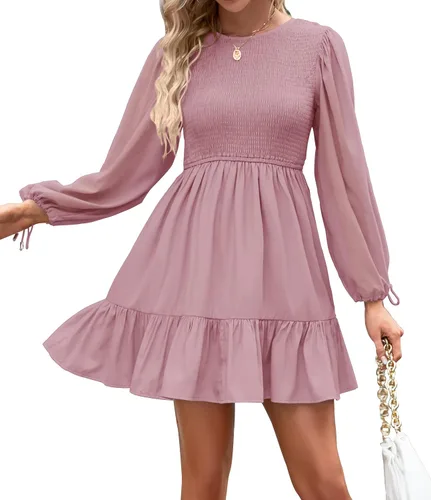 ZESICA Women's 2024 Fall Dress Long Sleeve Smocked Casual Crew Neck Tiered Flowy Wedding Party Mini Dresses