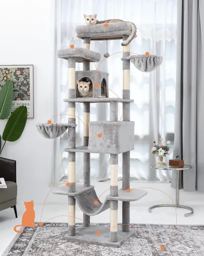 Miniatura 2 de Árbol para gatos, torre para gatos de 81 pulgadas de alto con poste rascador, condominio de felpa para gatos de varios niveles con 2 perchas, 2 Gris