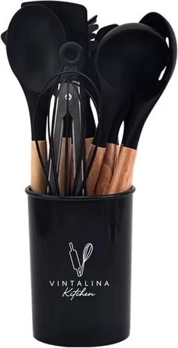 Miniatura 2 de Juego de utensilios de cocina de silicona, sin BPA, no tóxico, antiadherente, resistente al calor hasta 446 °F, asas de madera antiarañazos + Negro