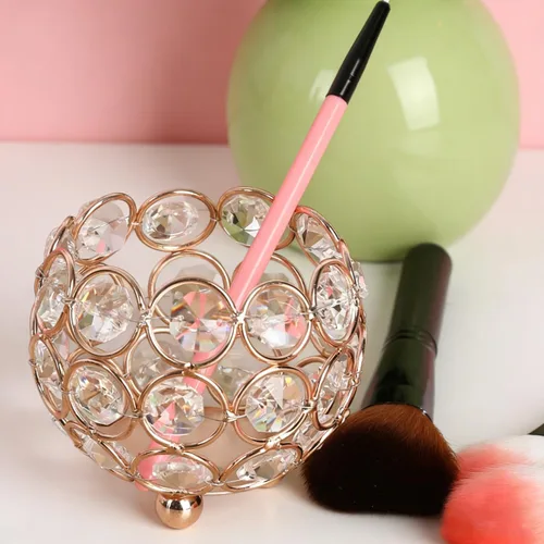 Miniatura 5 de Crystal Beads Makeup Brush Holder, Handcrafted Cosmetics Makeup Brushes Cup Organizer Vanity Decor, Candle Holder Decoration Tray(Gold)