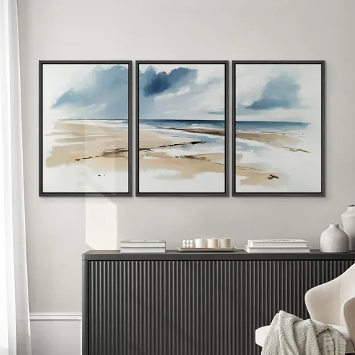 Miniatura 629 de SIGNWIN Lienzo enmarcado para pared, arte con pinceladas de flujo neutro en tonos beige abstractos, ilustraciones, arte moderno, decorativo