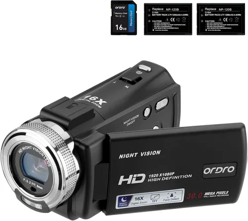 ORDRO Cámara de video HDV-V12 Grabadora digital Full HD | 1080P 30FPS 30MP | Rotación LCD de 3.0 pulgadas | Zoom digital 16X | Visión nocturna