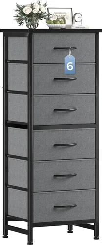 Miniatura 13 de Sweetcrispy Cómoda alta de tela para dormitorio, cómoda delgada de 6 cajones, torre de almacenamiento estrecha con parte superior de madera y marco