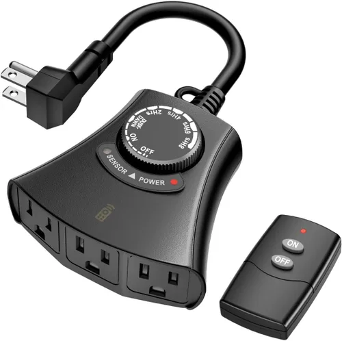 Miniatura 9 de HBN - Temporizador de luz exterior con control remoto, temporizador de sensor de luz impermeable, alcance inalámbrico de 100 pies, 1 toma de tierra