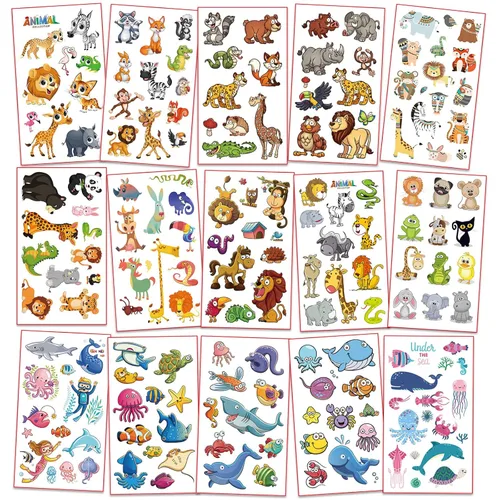 Miniatura 2 de Tatuajes temporales impermeables para niños – 350 piezas Animales, insectos y animales marinos Hojas de tatuaje temporales para niños Recuerdo