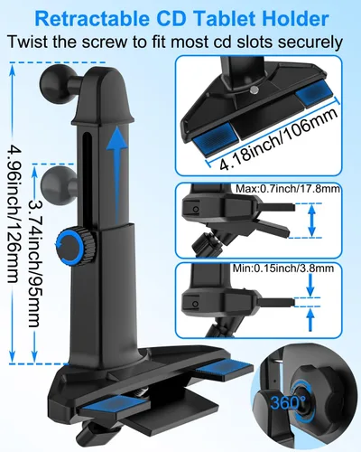 Miniatura 3 de Soporte para tablet de automóvil, ranura para CD, brazo ajustable en altura, soporte para tableta para reproductor de CD de automóvil, abrazadera