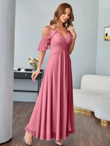 Miniatura 7 de V-Neck Bridesmaid Dresses with Pockets A-Line Long Chiffon Formal Party Dresses with Slit HY016