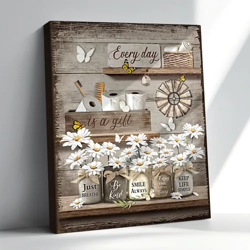 Arte de pared de baño de granja, cuadros de baño de campo, decoración de pared rústico, arte de margaritas vintage, flores y mariposas, arte marrón