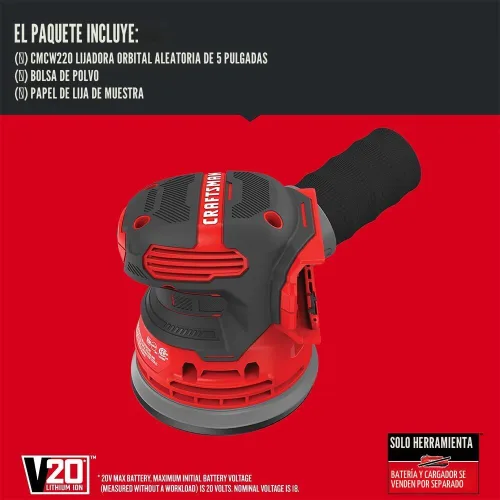 Miniatura 2 de CRAFTSMAN Lijadora orbital V20, inalámbrica, 12.000 OPM, solo herramienta desnuda (CMCW220B)