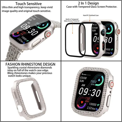 Miniatura 7 de compatible con Apple Watch de 1.496 pulgadas 1.575 pulgadas 1.654 pulgadas 1.732 pulgadas con funda para mujer, correa de metal con diamante