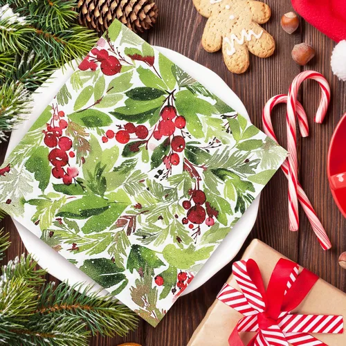 Miniatura 6 de Servilleta de papel de Navidad de 6.5 x 6.5 pulgadas, para acuarela, muérdago, cena, servilleta desechable para Navidad, suministros de decoración