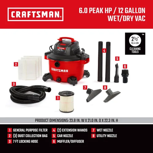 Miniatura 3 de CRAFTSMAN CMXEVBE17594 Aspiradora húmeda y seca de 12 galones, 6.0 HP de pico, aspiradora de taller portátil húmeda y seca con filtro, 3 bolsas