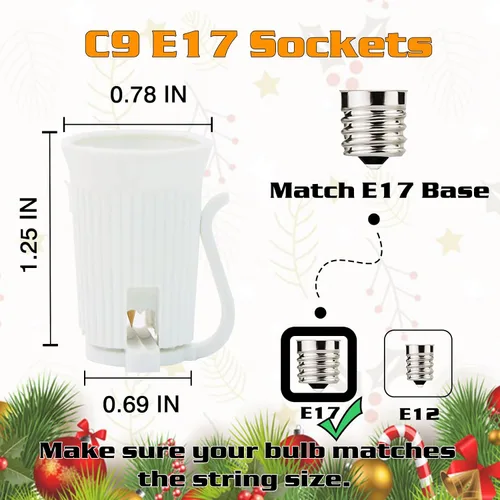 Miniatura 3 de Cadena de luces de Navidad C9 de 25 pies, enchufes de luz E17 con separación de 12 pulgadas, juego de cadena de luces C9 blanco para decoración