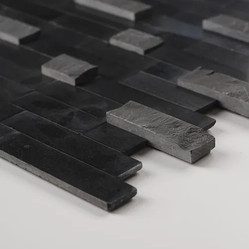 Miniatura 8 de Azulejos de mosaico de piedra natural 3D de 5 hojas, 12 x 11 pulgadas para despegar y pegar, azulejos de pared autoadhesivos negros mixtos